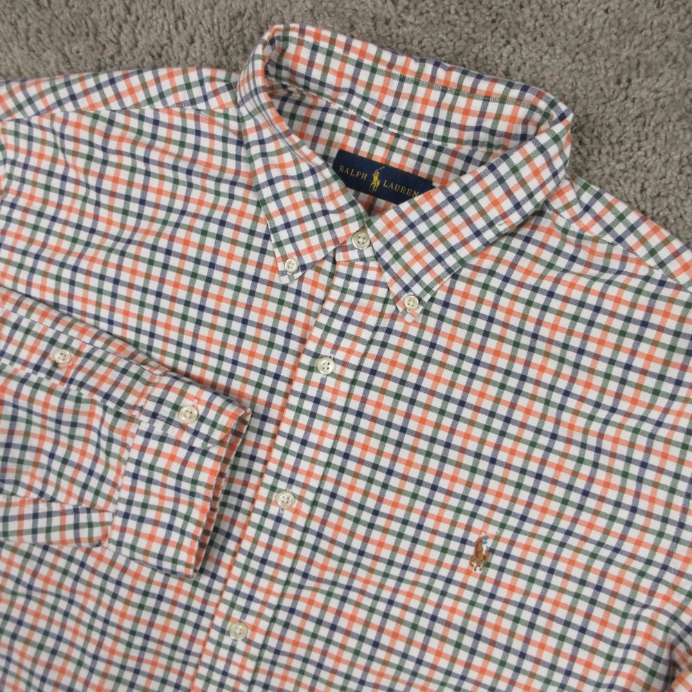 Polo Ralph Lauren Shirt Mens 2XL Orange Plaid Oxford Cloth Flesh Pony Button Up